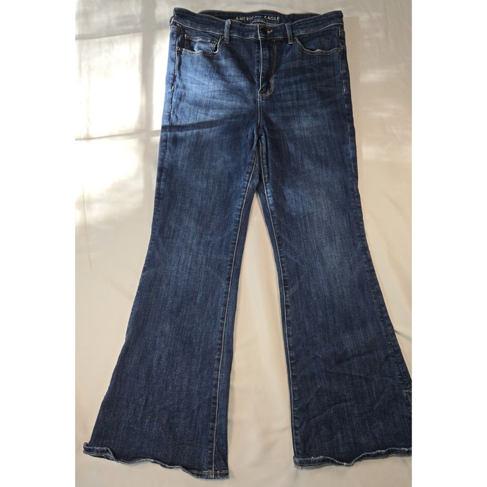 AEO Womens Super Hi Rise‎ Flare Jeans Size 14 Dark Blue 32X29 Next Level Stretch